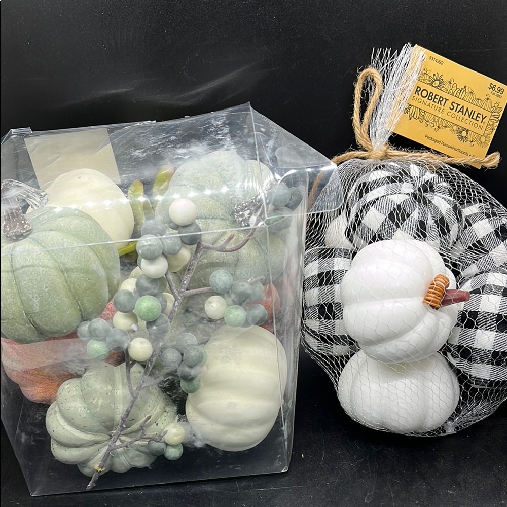 Hobby Lobby White and Plaid Decorative Pumpkin Set